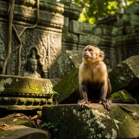 A curious monkey sitting on a mossy stone in an ancient temple ruinの写真素材