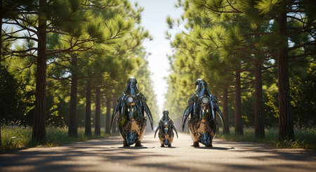 Three futuristic robotic penguins walking on a serene forest road together