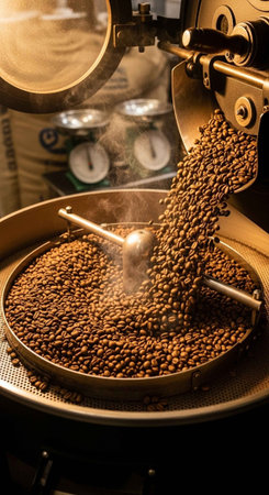 A large machine roasts coffee beans in a bustling industrial setting.の写真素材
