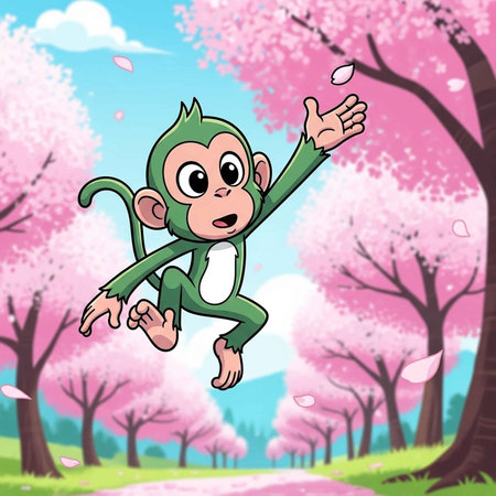 A cartoon monkey jumping in a beautiful cherry blossom park on a sunny day