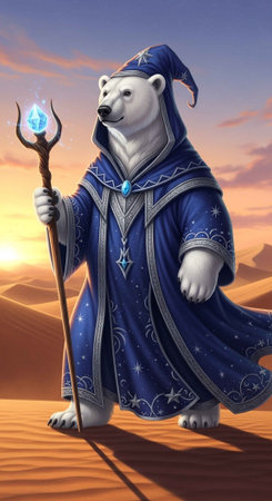 A polar bear dressed as a wizard stands in the desert at sunset