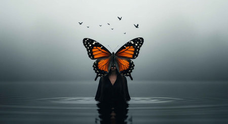A mysterious woman with a butterfly emerging from her body in waterの写真素材