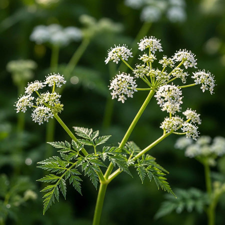 A close-up view of a plant with small white flowers and green leavesの写真素材