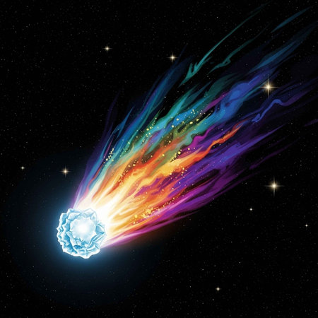 A vibrant, glowing comet streaks across the dark starry night sky with a colorful tail