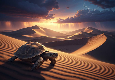A turtle slowly crossing a vast desert landscape at sunset with stormy cloudsの写真素材