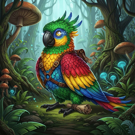 A colorful parrot stands in a vibrant forest with mushrooms and foliage