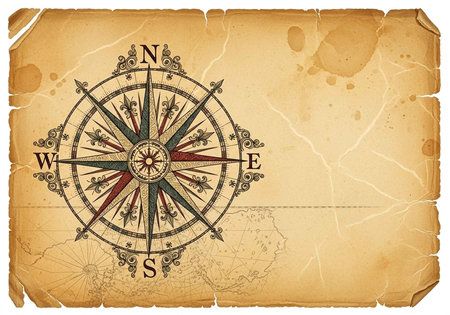 An old vintage compass on a distressed map background with directions