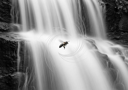A bee flies in front of a beautiful waterfall in black and white