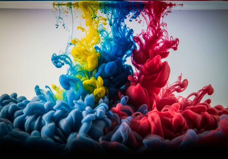 Vibrant colors of paint mixing together in a beautiful abstract art pieceの写真素材