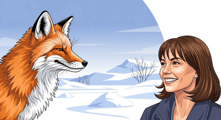 A cartoon woman smiling at a fox in a snowy landscapeの写真素材