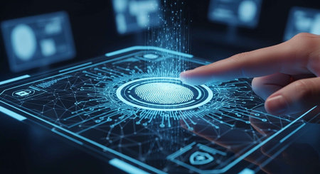 A person's finger interacting with a futuristic digital interface on a tabletの写真素材