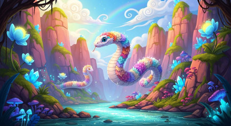 A vibrant, cartoon snake with floral patterns in a serene, rocky landscape with a river and blue flowers.の写真素材