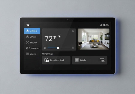 A smart home control panel displaying various settings and features on a modern interface