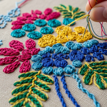 A person embroidering colorful flowers on fabric with a needle and thread