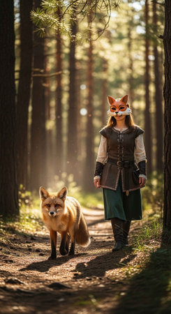 A woman with a fox head walks through a forest with a fox companionの写真素材