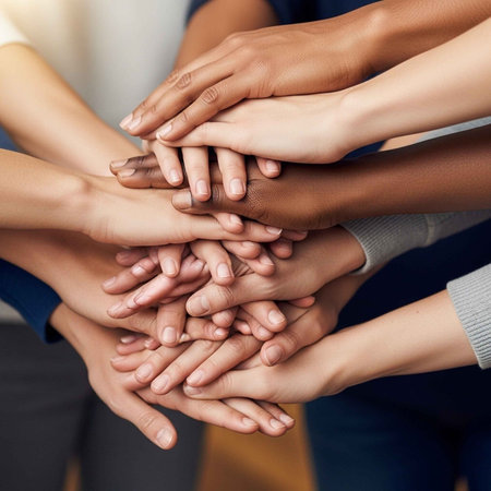 A group of diverse people stacking their hands together in unity and cooperation