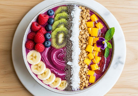 A vibrant and healthy breakfast bowl with fruit and granola toppings