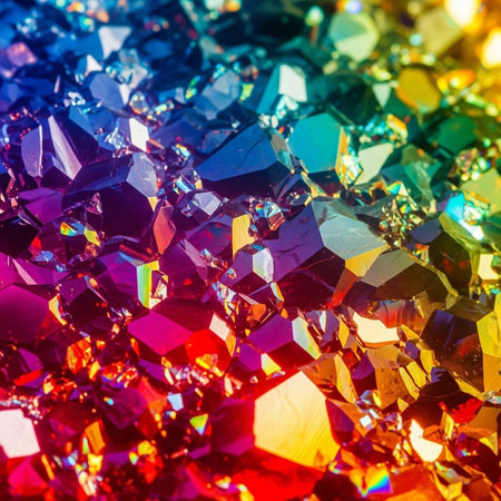 A close-up view of a colorful array of sparkling crystals and gems