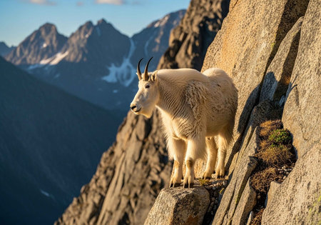 A white mountain goat stands on a rocky cliff with a stunning mountain range in the backgroundの写真素材