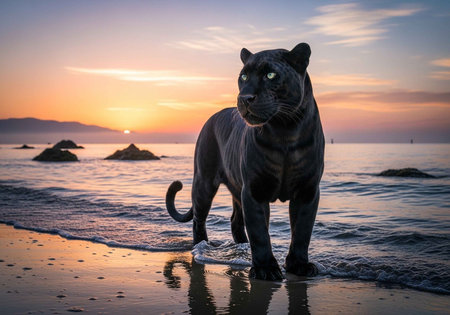 A black panther standing on a beach at sunset with ocean view