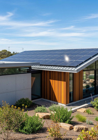 A modern eco-friendly house with solar panels on a sunny day