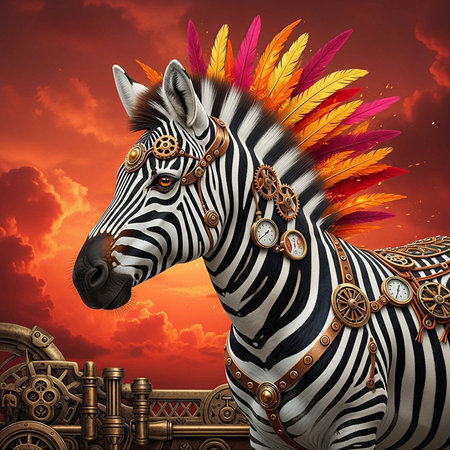 A steampunk zebra with colorful feathers and gears against a vibrant sunsetの写真素材