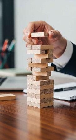 A businessman carefully building a tower with wooden blocks on his deskの写真素材