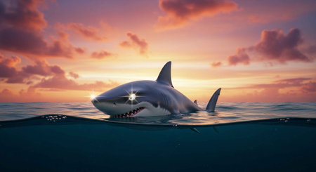 A shark swims in the ocean during a beautiful sunset with pink cloudsの写真素材