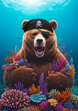A pirate bear swimming underwater surrounded by colorful coral reefの写真素材