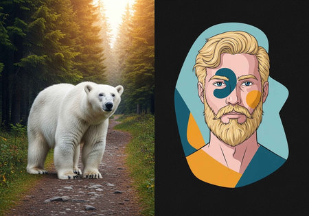 A polar bear walks on a forest path beside an illustration of a man