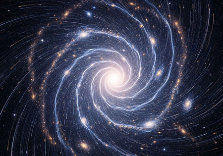 A stunning spiral galaxy with vibrant stars and celestial bodies in spaceの写真素材