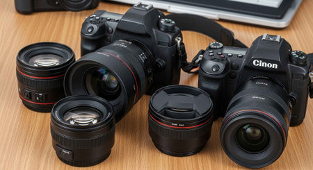 A collection of cameras and lenses on a wooden table