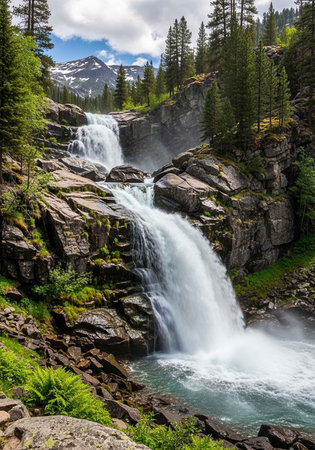 A breathtaking waterfall cascading down a rocky cliff in a serene mountainous landscapeの写真素材