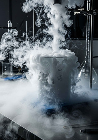 A beaker filled with dry ice creating a cloud of fog on a laboratory countertop