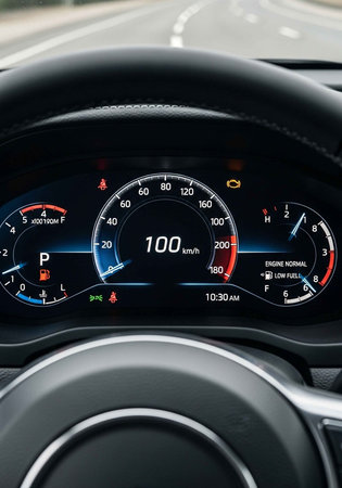 A close-up view of a car's modern dashboard and steering wheel while driving on the highway