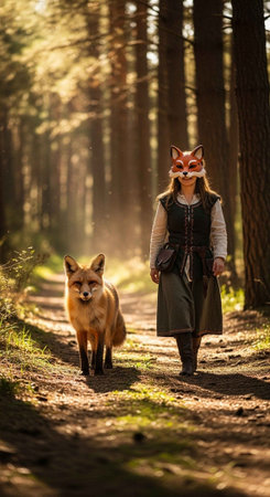 A woman wearing a fox mask walks with a fox in a forest