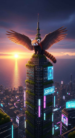 A red panda with wings perches atop a futuristic skyscraper in a vibrant city at sunset