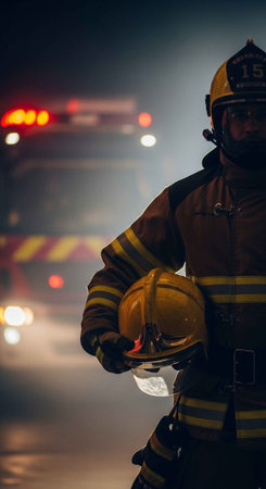 A firefighter stands ready in his gear at night with an ambulance in the background
