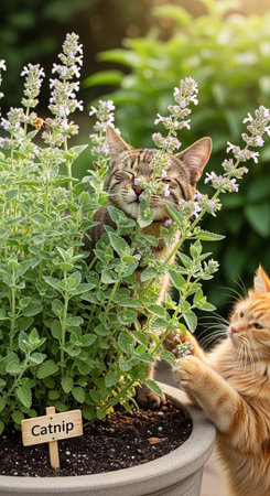 Two cats interacting with a catnip plant in a garden settingの写真素材