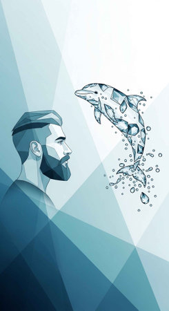 A man with a beard looks at a dolphin made of water in a geometric illustrationの写真素材