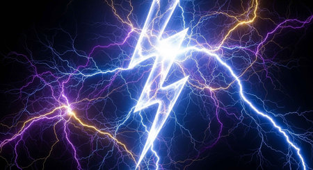 A vibrant display of colorful lightning bolts against a dark background