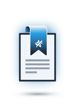 A graphic illustration of a document with a blue checkmark ribbon