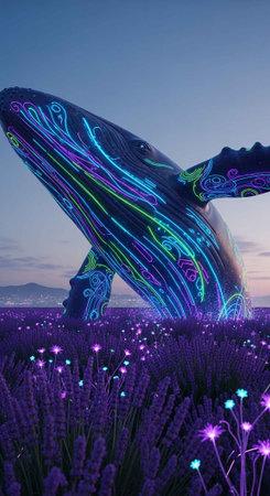 A large whale sculpture with neon lights stands in a field of lavender at duskの写真素材