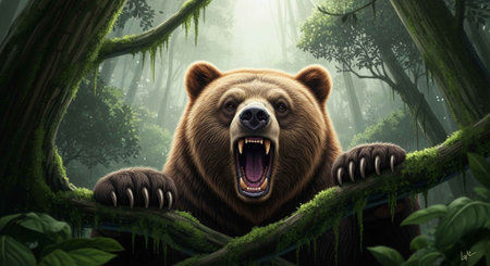 A large brown bear with its mouth open is climbing a mossy tree in a dense forestの写真素材