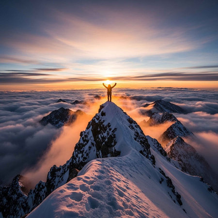A triumphant person standing on a snowy mountain peak at sunset