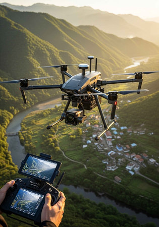 A drone flies over a scenic valley with a river and small town