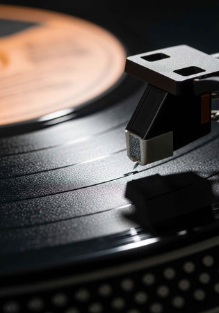 A close-up view of a vinyl record player with a stylus