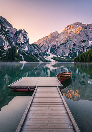 A serene lake scene with a wooden dock and boat at sunsetの写真素材