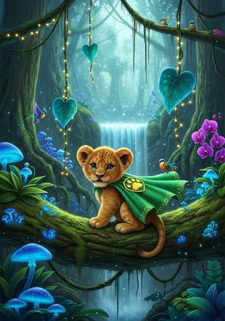 A lion cub wearing a green cape sits on a tree branch in a magical forest with a waterfallの写真素材