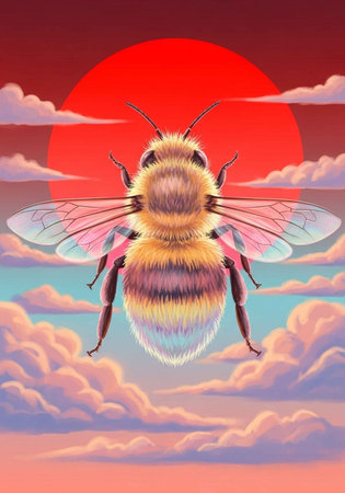 A colorful bee flying in the sky with clouds and sunsetの写真素材